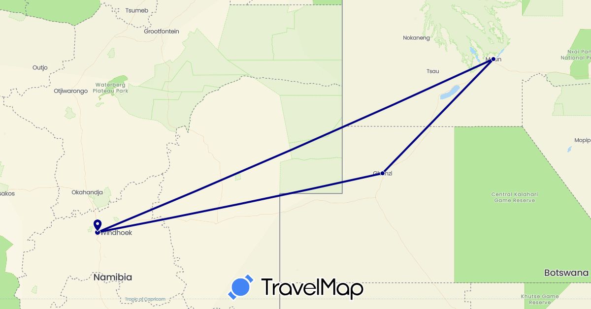 TravelMap itinerary: driving in Botswana, Namibia (Africa)
